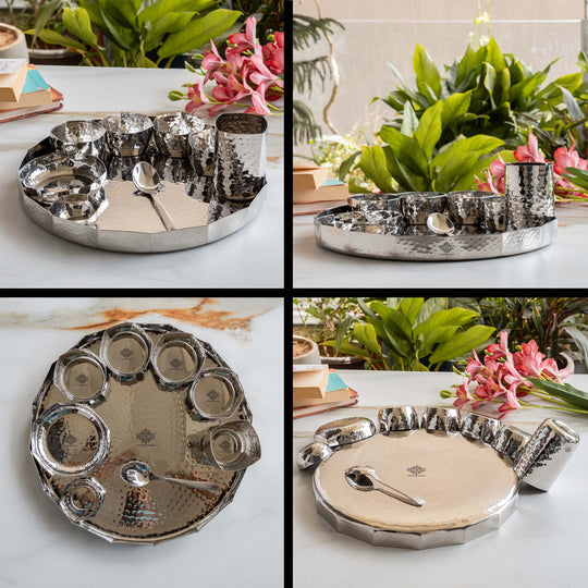 Stainless Steel Dinner Set With Hammered Finish Premium Design 9 Pcs Thali Set