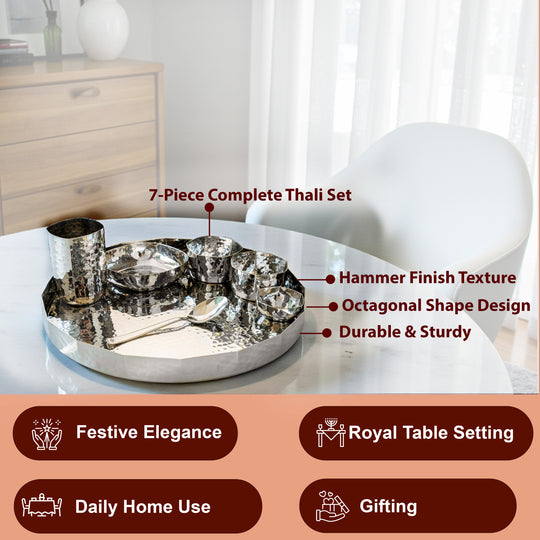 Hammered Stainless Steel Dinner Set 7 Pcs Premium Thali