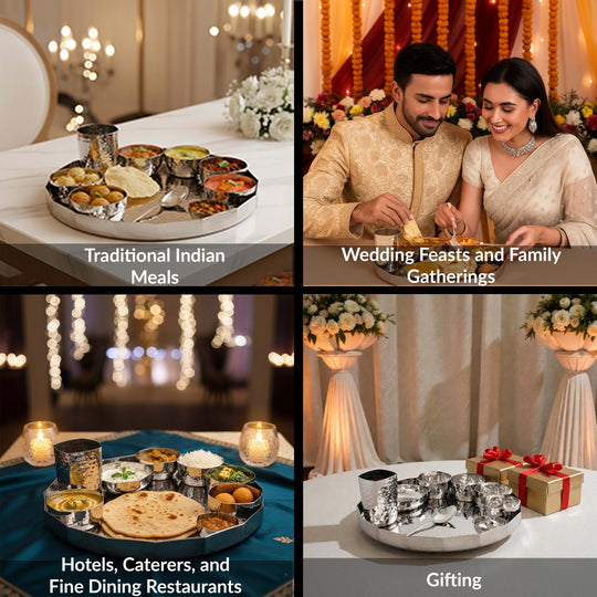 Stainless Steel Dinner Set With Hammered Finish Premium Design 9 Pcs Thali Set