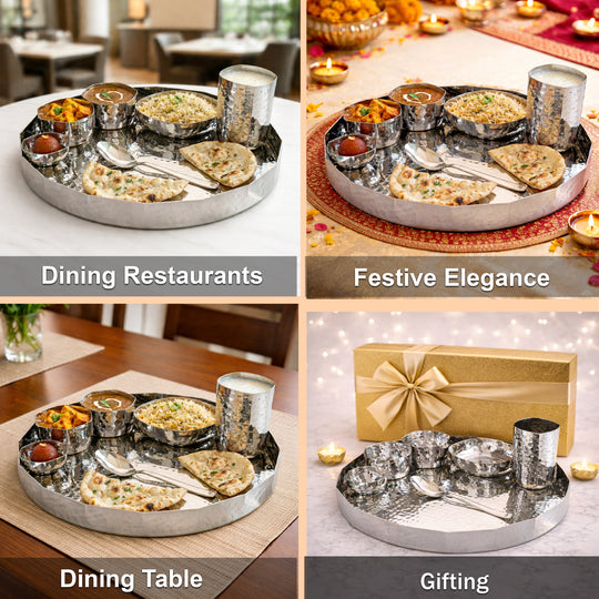 Hammered Stainless Steel Dinner Set 7 Pcs Premium Thali