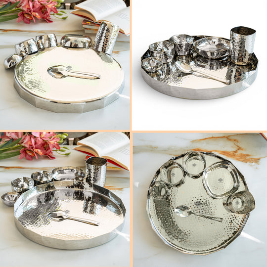 Hammered Stainless Steel Dinner Set 7 Pcs Premium Thali