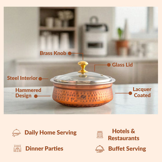 Steel Copper Hammered Serving Handi with Glass Lid & brass Knob