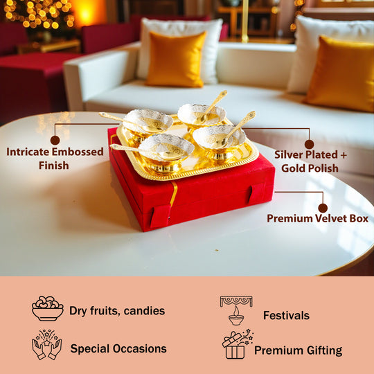 Pure Silver Plated Gold Polished 4 Bowl 4 Spoons 1 Tray