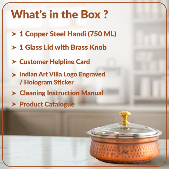 Steel Copper Hammered Serving Handi with Glass Lid & brass Knob