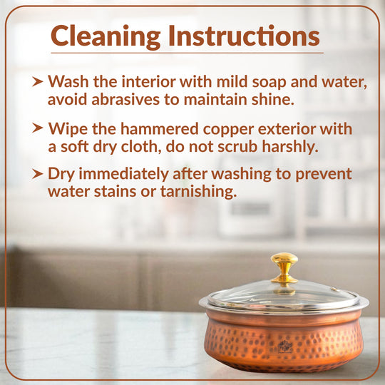 Steel Copper Hammered Serving Handi with Glass Lid & brass Knob