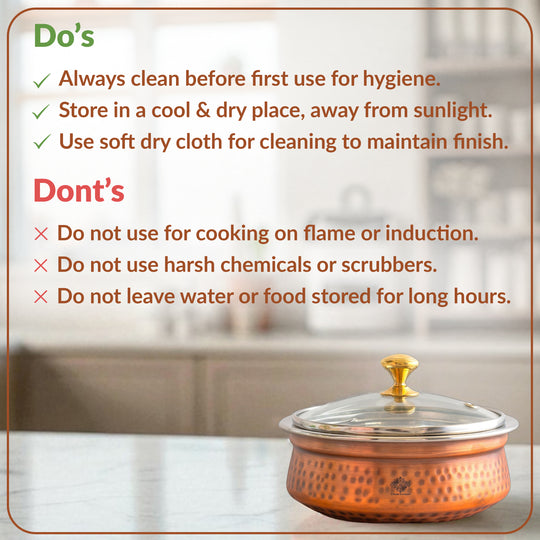 Steel Copper Hammered Serving Handi with Glass Lid & brass Knob