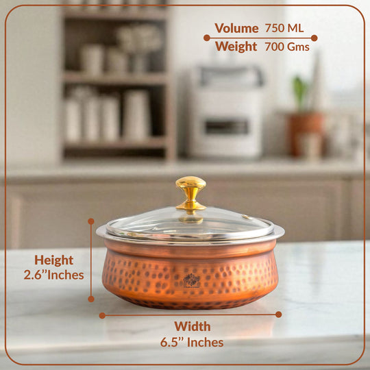 Steel Copper Hammered Serving Handi with Glass Lid & brass Knob