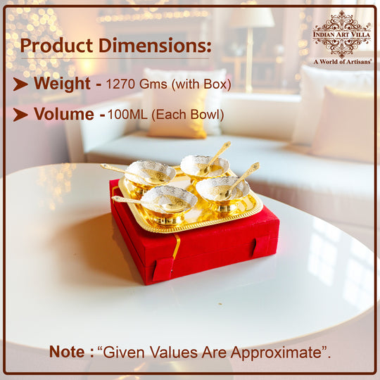 Pure Silver Plated Gold Polished 4 Bowl 4 Spoons 1 Tray