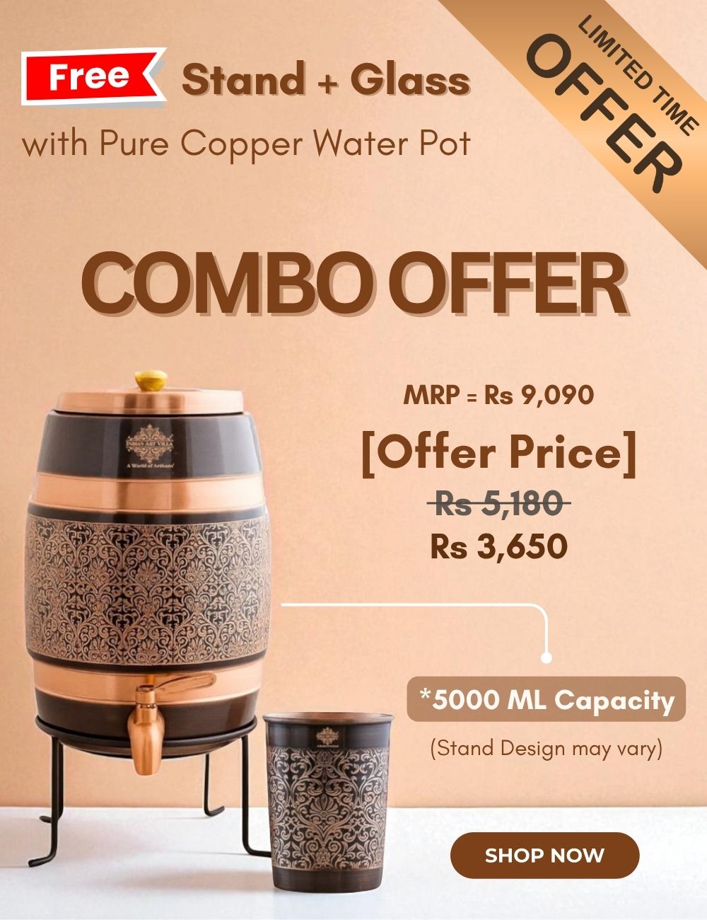 Combo offer stand + glass with pure copper water pot