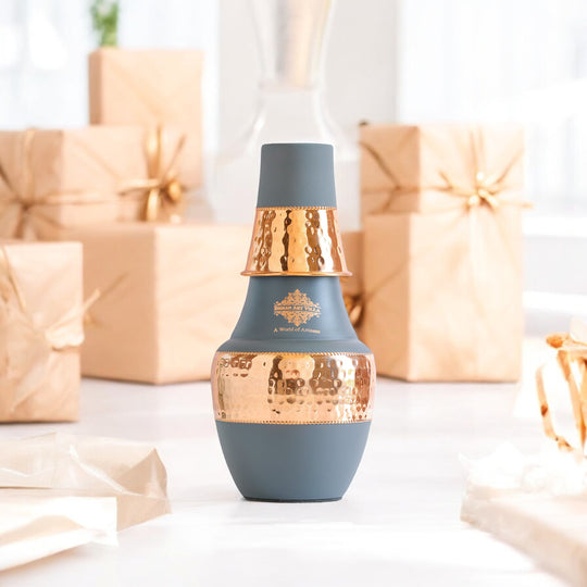 Pure Copper Hammered Silk Finish Design Surahi Shape Bedroom Bottle