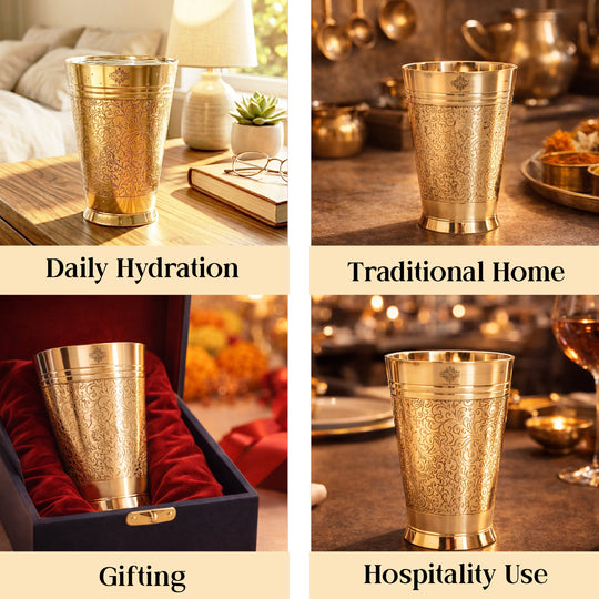 Pure Brass Embossed Design Glass 300 ML