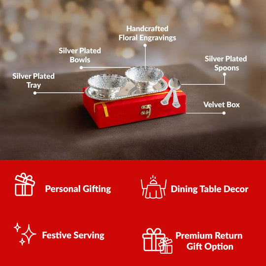 Handcrafted Silver Plated Designer Bowl Set with 2 Bowl, 2 Spoon, 1 Tray