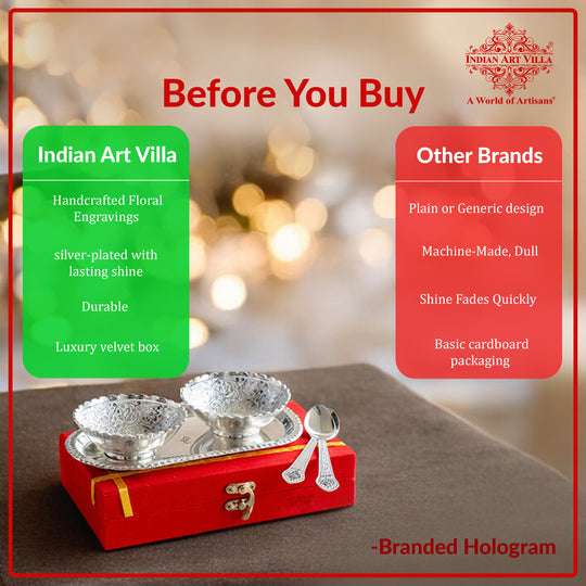 Handcrafted Silver Plated Designer Bowl Set with 2 Bowl, 2 Spoon, 1 Tray