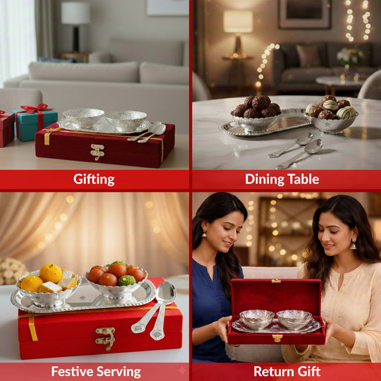 Handcrafted Silver Plated Designer Bowl Set with 2 Bowl, 2 Spoon, 1 Tray