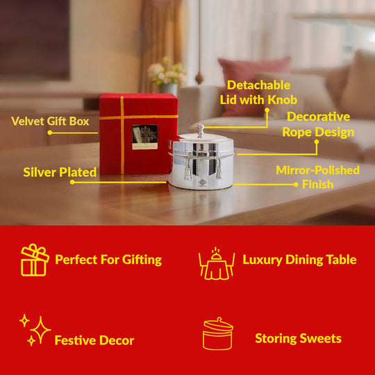 Handcrafted Pure Silver Plated Gold Polish Dry Fruits Box For Diwali, Festive Items