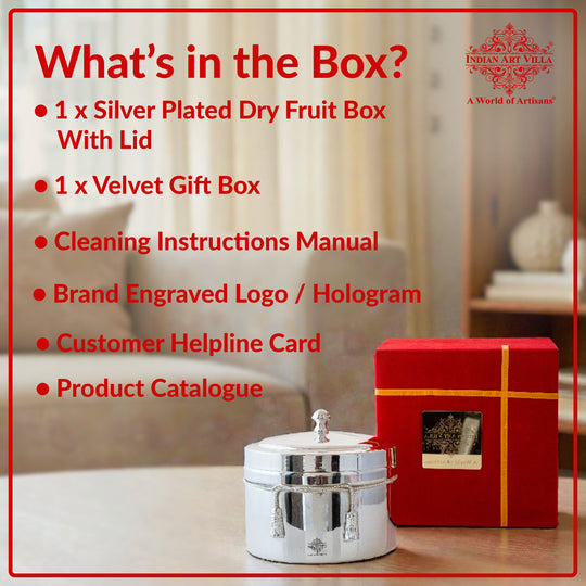 Handcrafted Pure Silver Plated Gold Polish Dry Fruits Box For Diwali, Festive Items