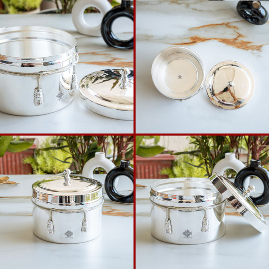 Handcrafted Pure Silver Plated Gold Polish Dry Fruits Box For Diwali, Festive Items