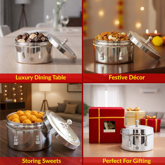Handcrafted Pure Silver Plated Gold Polish Dry Fruits Box For Diwali, Festive Items