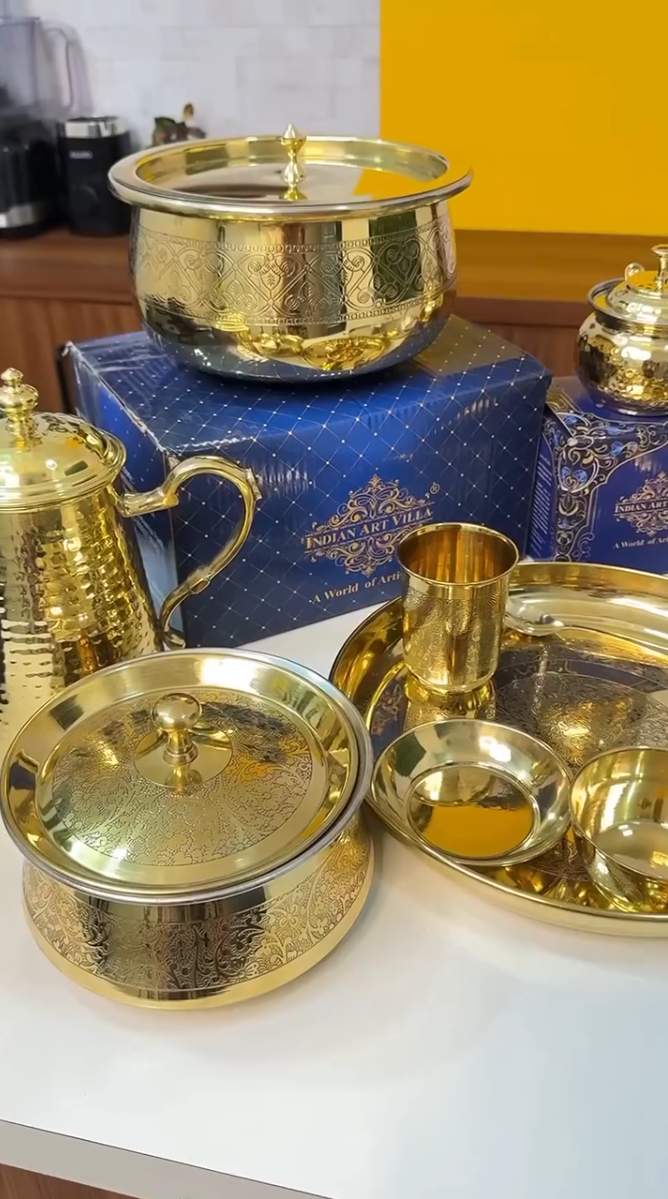 Brass Embossed Design Thali Set -  Gold Dining & Gifting Set