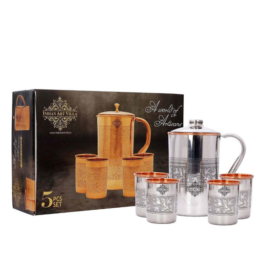 Artistic Steel Copper Water Jug and 4 Glass Set  Embossed Leaf Design by Indian Art Villa for Elegant Gifting