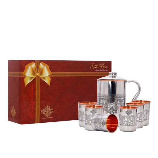 Artistic Steel Copper Water Jug and 6 Glass Set  Embossed Leaf Design by Indian Art Villa for Elegant Gifting
