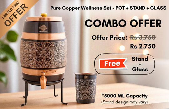 Pure Copper Embossed Design  Water Pot With Stand & Glass