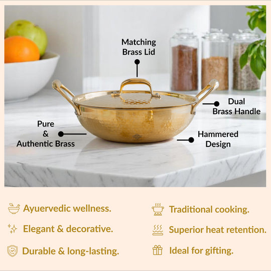 Elegant hammered brass kadhai with lid and tin lining handcrafted cookware by Indian Art Villa perfect for home use