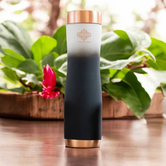 Pure Copper Water Bottle 1000ML Black and White Ombre Silk Finish Indian Art Villa Eco-Friendly Durable