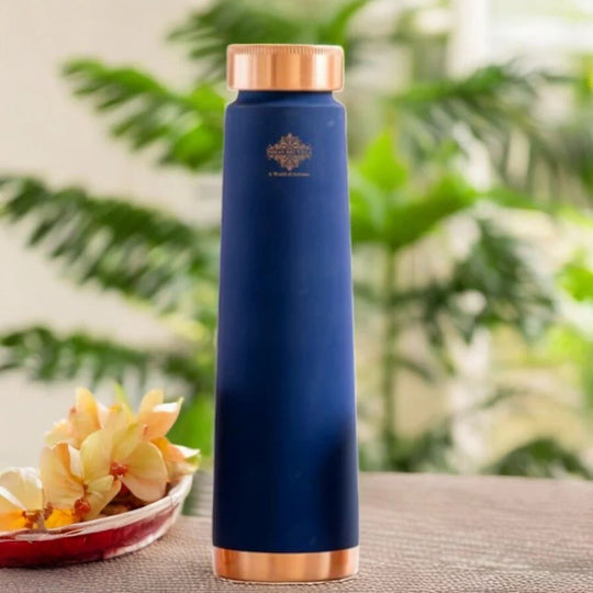 Indian Art Villa Pure Copper Bottle Navy Blue 800ML Pyramid Shape Wellness and Elegance Leak-Proof