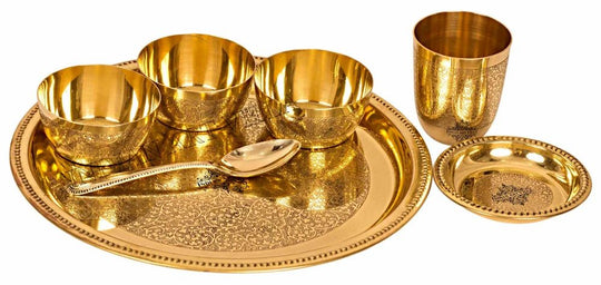 Brass Hammered Dinner Set, Thali Set with Beaded Designer Line, Set of 7 , Dinnerware, Tableware