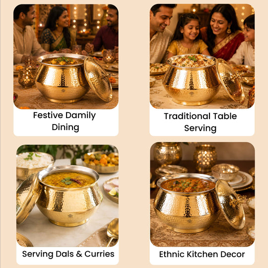 Brass Hammered Design Handi & Inside Tin Lining With Lid