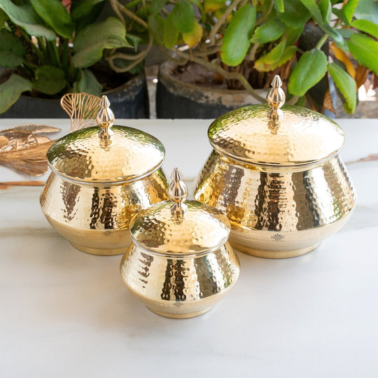 Brass Hammered Design Handi & Inside Tin Lining With Lid