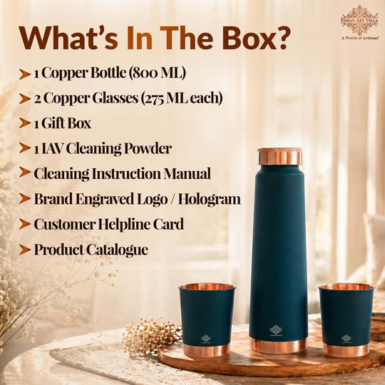 Copper Bottle Gift Set with Matt Finish, 800 ML Bottle with 2 Copper Glasses