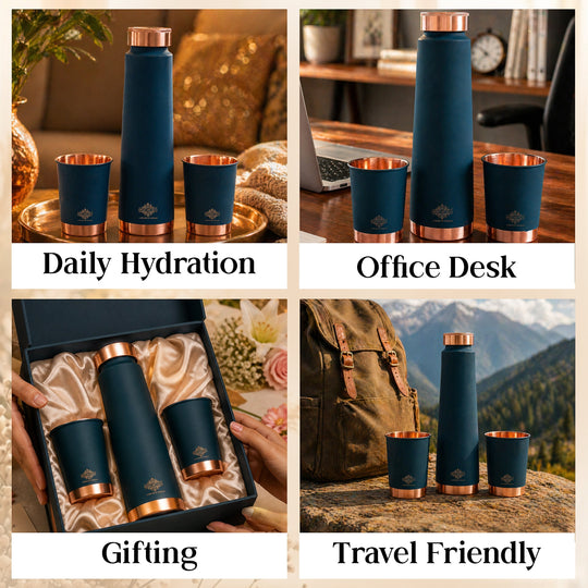 Copper Bottle Gift Set with Matt Finish, 800 ML Bottle with 2 Copper Glasses