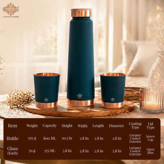 INDIAN ART VILLA dark teal copper bottle with matt finish and two matching glasses, 800 ML bottle