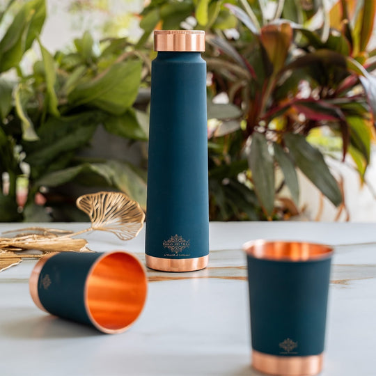 Copper Bottle Gift Set with Matt Finish, 800 ML Bottle with 2 Copper Glasses