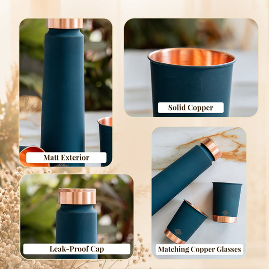 Copper Bottle Gift Set with Matt Finish, 800 ML Bottle with 2 Copper Glasses