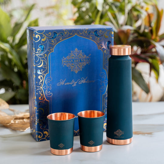 Copper Bottle Gift Set with Matt Finish, 800 ML Bottle with 2 Copper Glasses