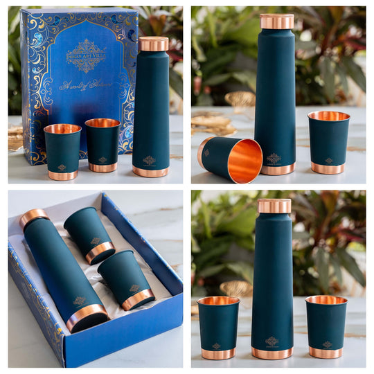Copper Bottle Gift Set with Matt Finish, 800 ML Bottle with 2 Copper Glasses