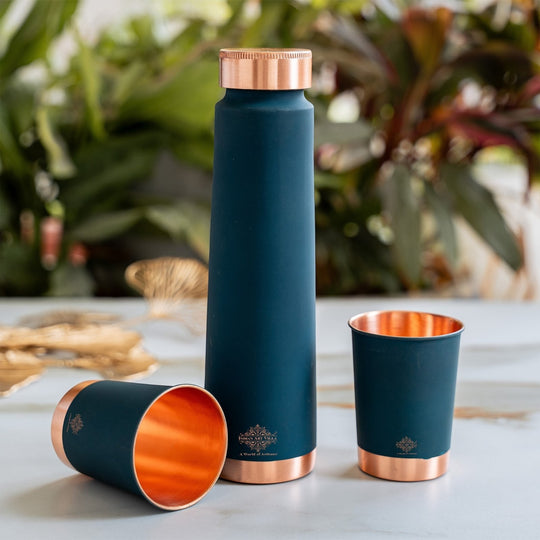 INDIAN ART VILLA dark teal copper bottle and two glasses set with matt finish. Copper interior and accents.