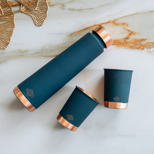 INDIAN ART VILLA dark teal copper bottle and two glasses set with matte finish and copper accents.