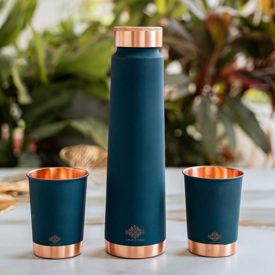 Copper Bottle Gift Set with Matt Finish, 800 ML Bottle with 2 Copper Glasses