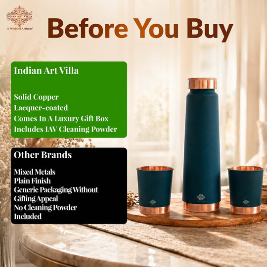 Copper Bottle Gift Set with Matt Finish, 800 ML Bottle with 2 Copper Glasses