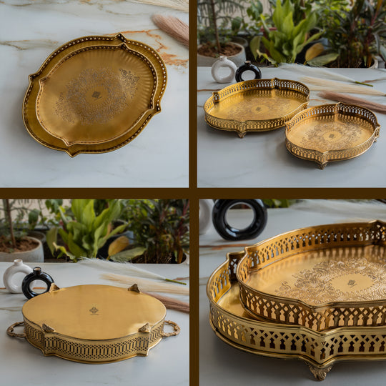 Handmade Pure Brass Matt Oval Embossed Tray - Servware & Tableware