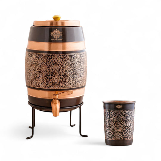 Pure Copper Embossed Design  Water Pot With Stand & Glass