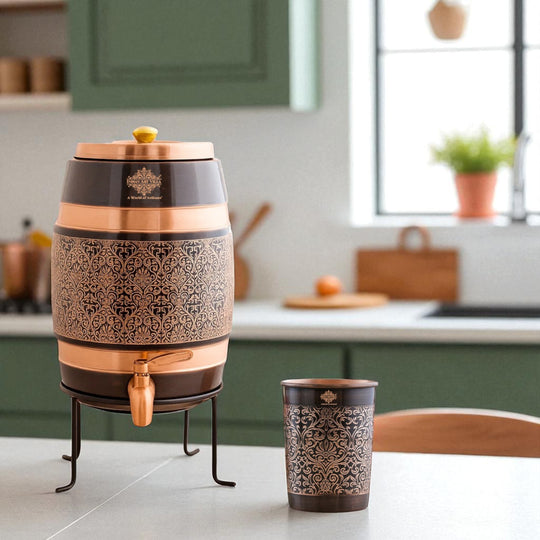 Pure Copper Embossed Design  Water Pot With Stand & Glass