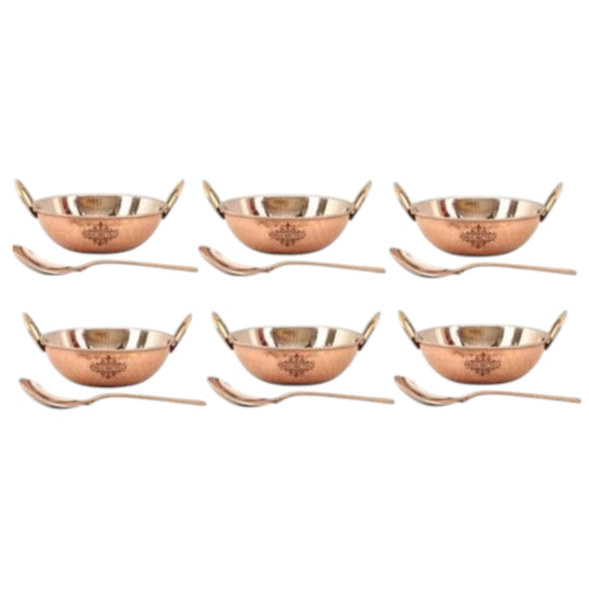 Pure steel copper set of 6 hammered kadai wok with spoons