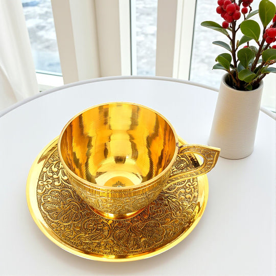 Pure Brass Embossed Design Cup &amp; Saucer- 150 ML