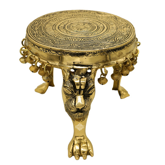 Brass Chakra embossed Chowki antique finish full view — Indian Art Villa