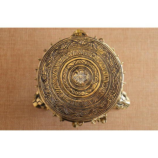 Brass Chakra embossed Chowki antique finish angle view — Indian Art Villa